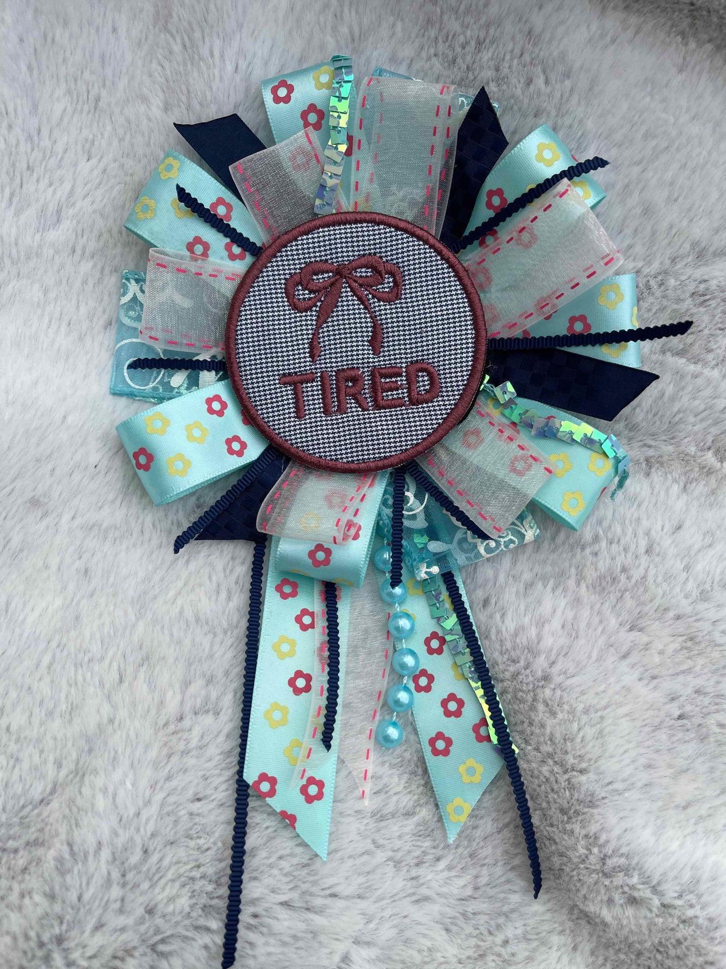 Blue Floral Handmade Ribbon Rosette — Swappable Badge Brooch | Gathered Olea