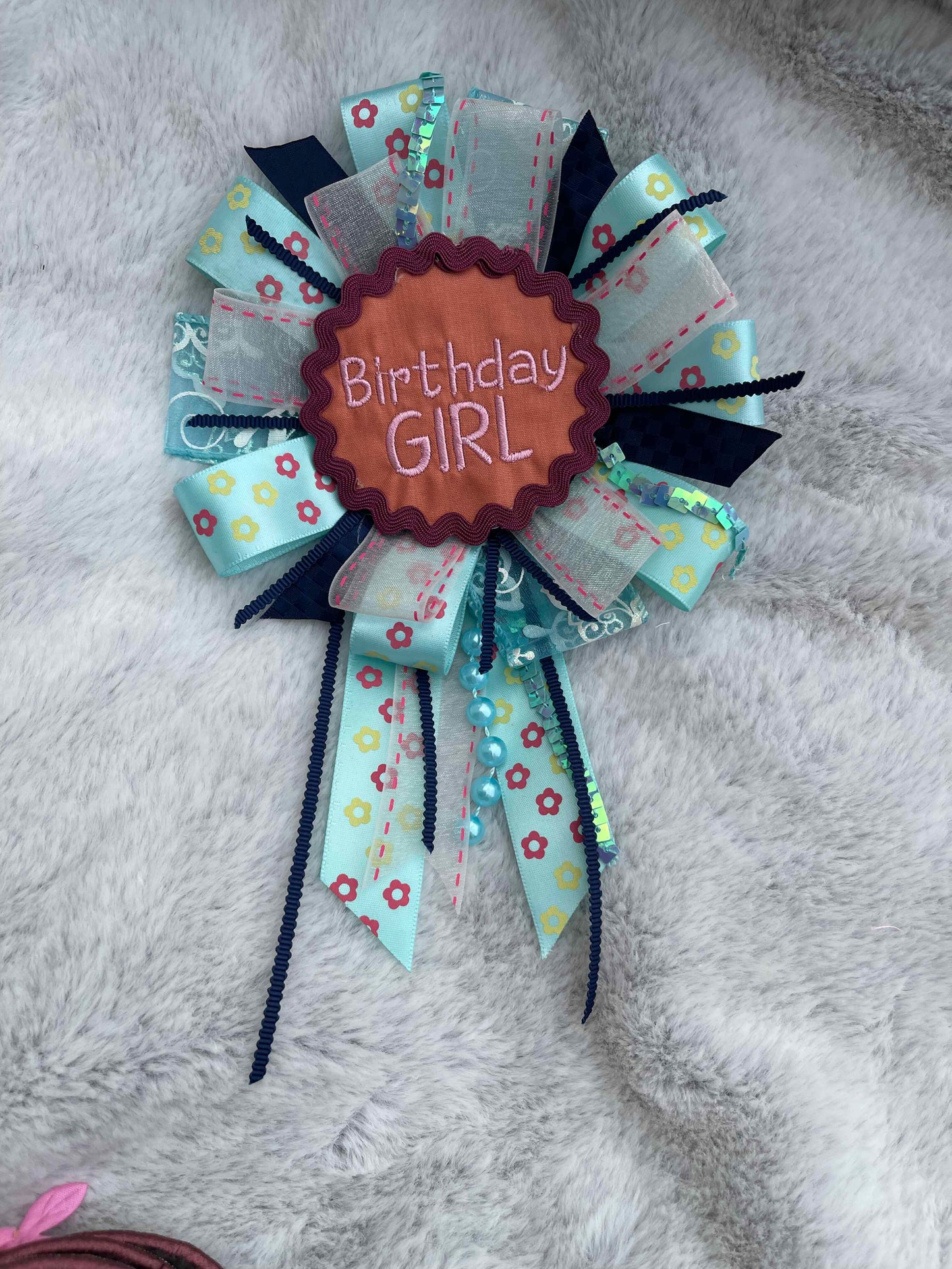 Blue Floral Handmade Ribbon Rosette — Swappable Badge Brooch | Gathered Olea