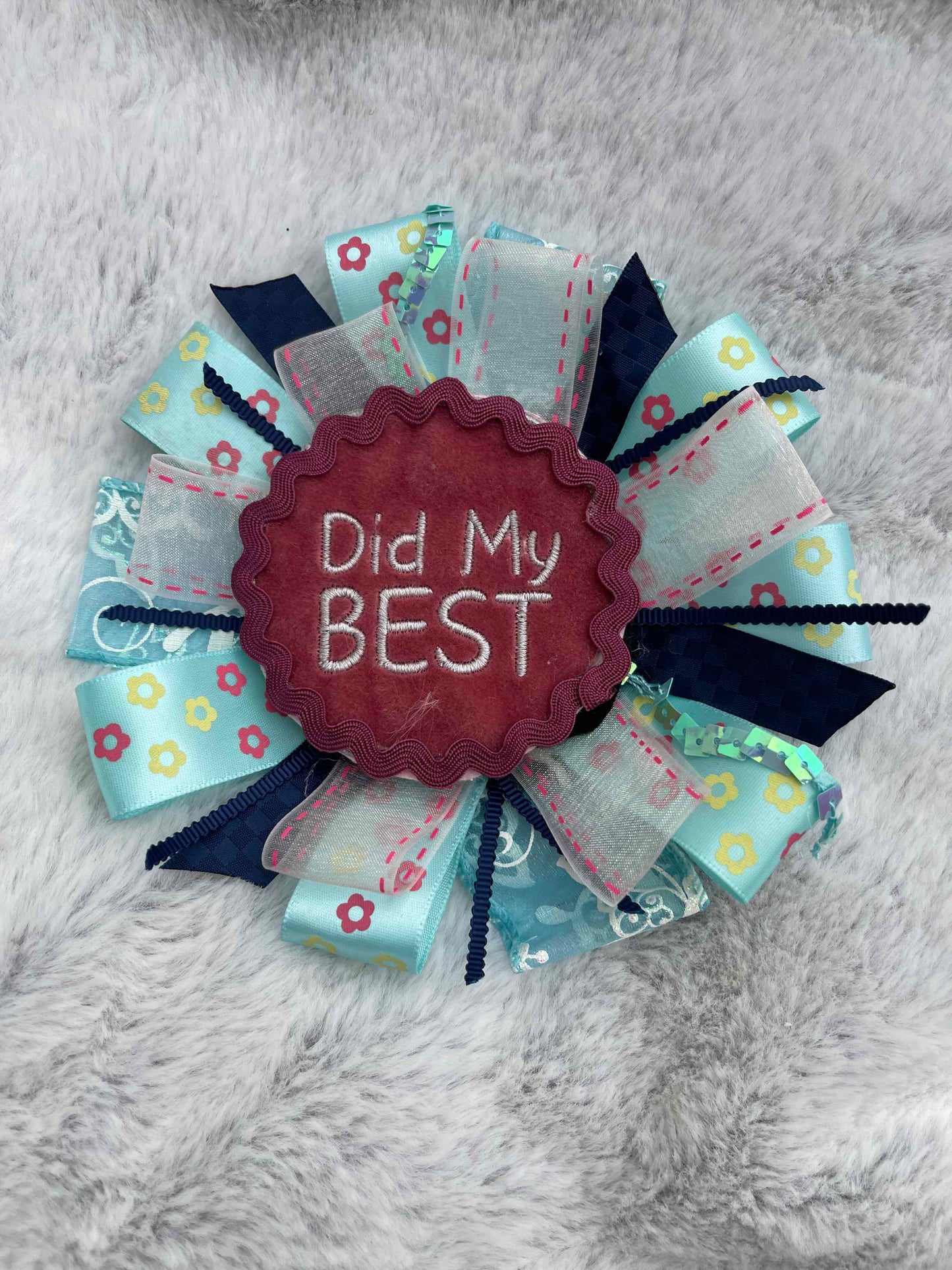 Blue Floral Handmade Ribbon Rosette — Swappable Badge Brooch | Gathered Olea