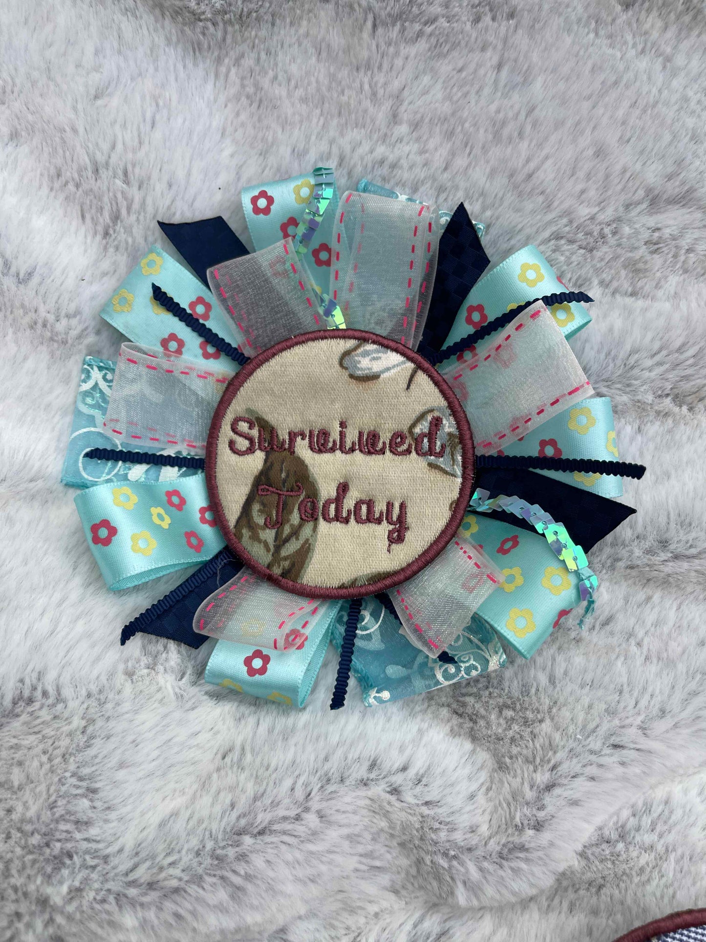 Blue Floral Handmade Ribbon Rosette — Swappable Badge Brooch | Gathered Olea