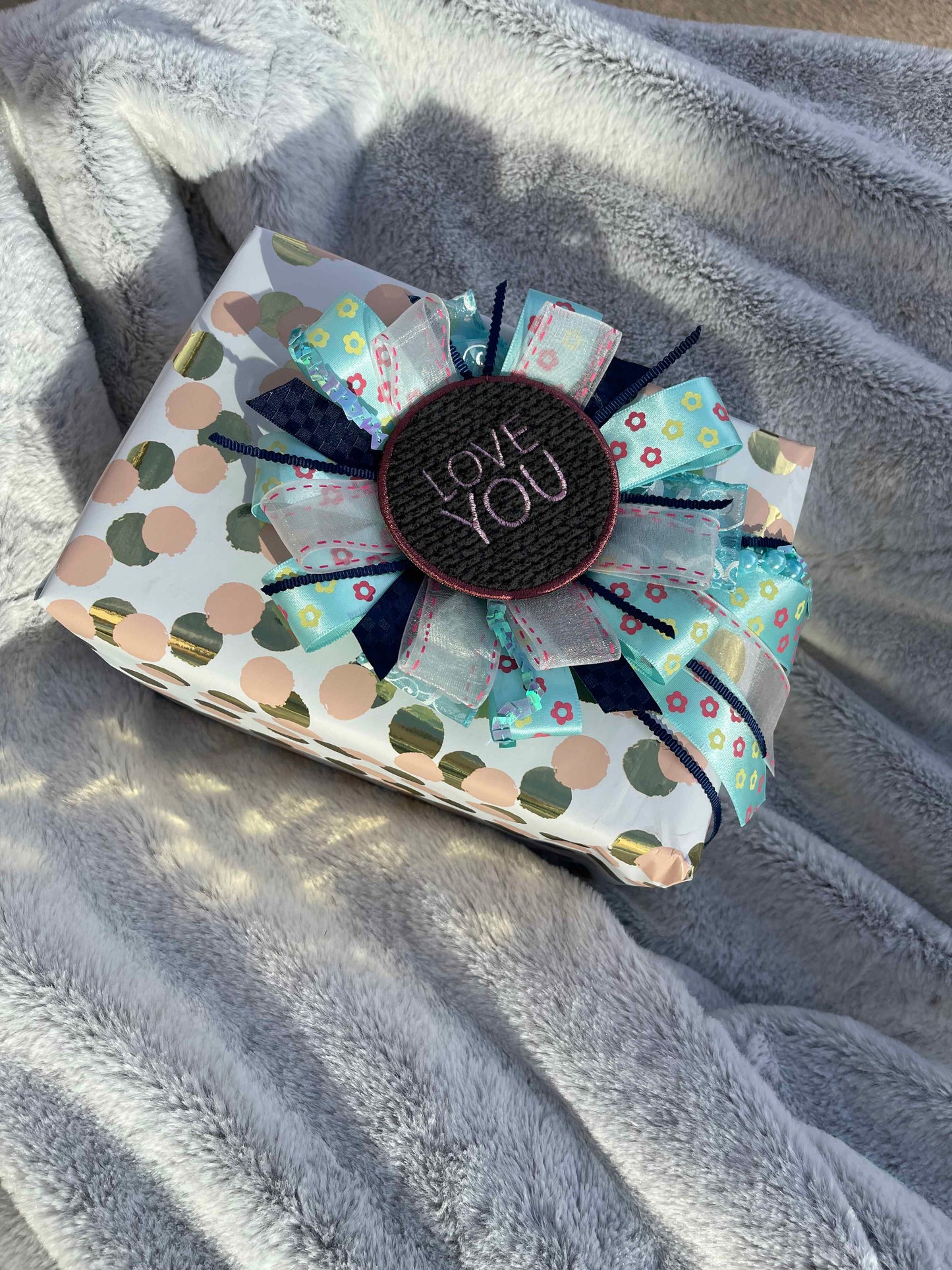 Blue Floral Handmade Ribbon Rosette — Swappable Badge Brooch | Gathered Olea