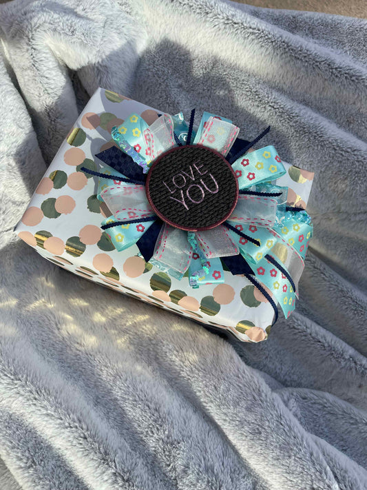 Blue Floral Handmade Ribbon Rosette — Swappable Badge Brooch | Gathered Olea