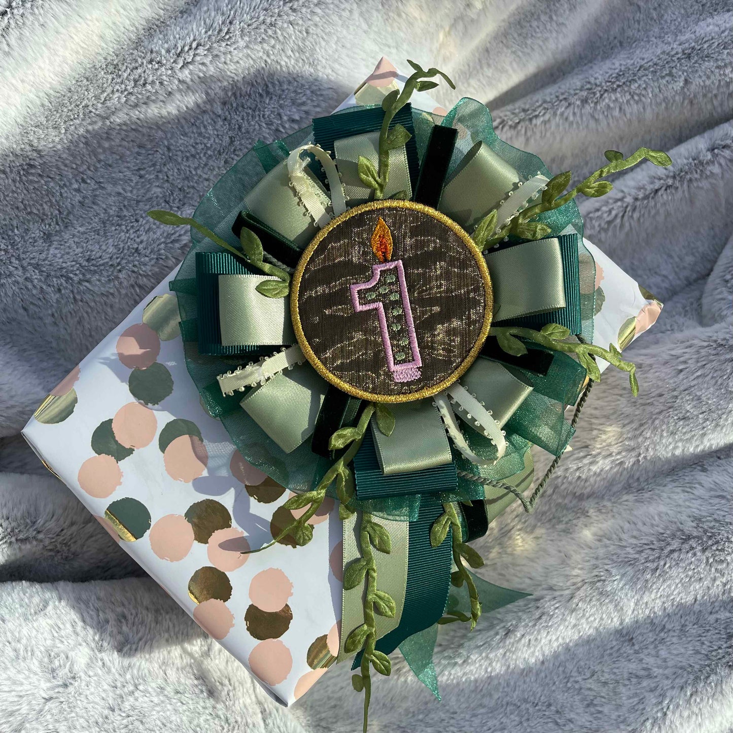 Green Botanical Handmade Ribbon Rosette — Swappable Badge Brooch | Gathered Olea