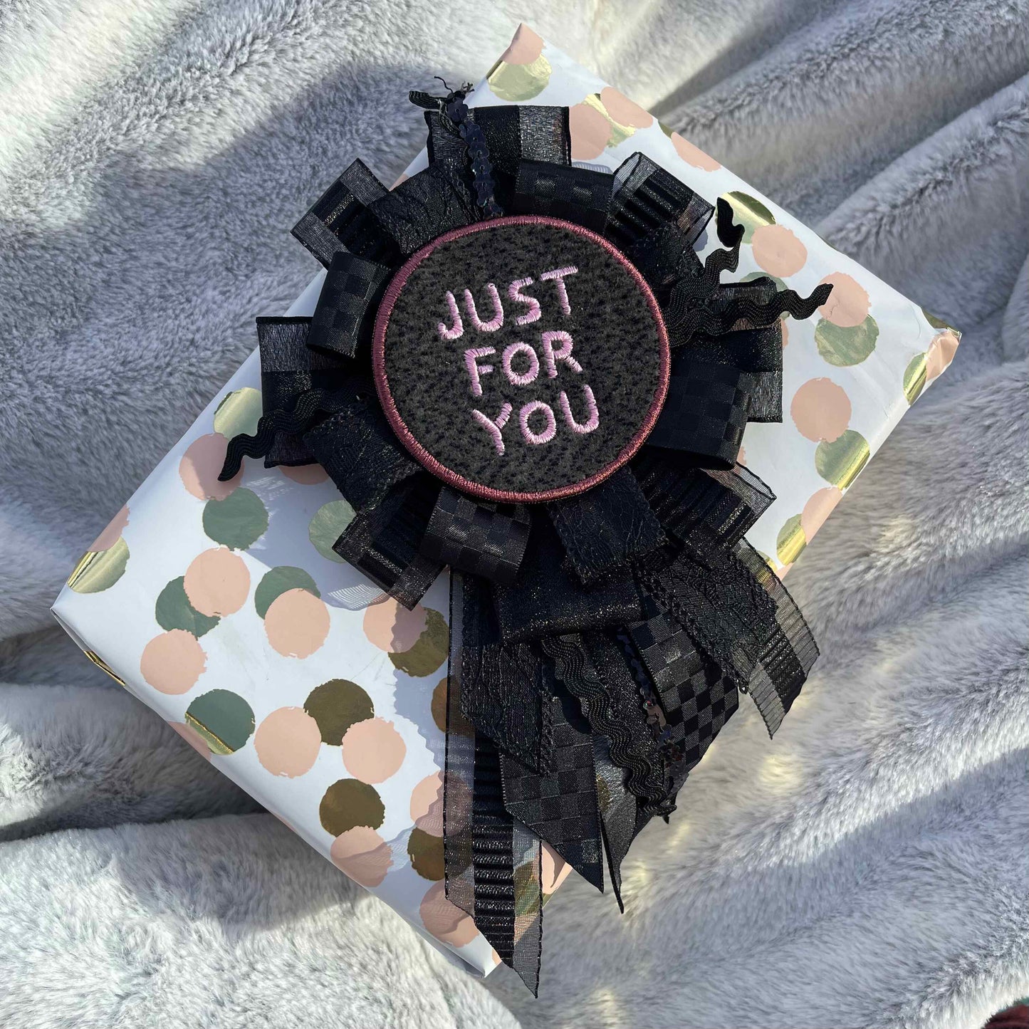 Black Handmade Ribbon Rosette — Swappable Badge Brooch