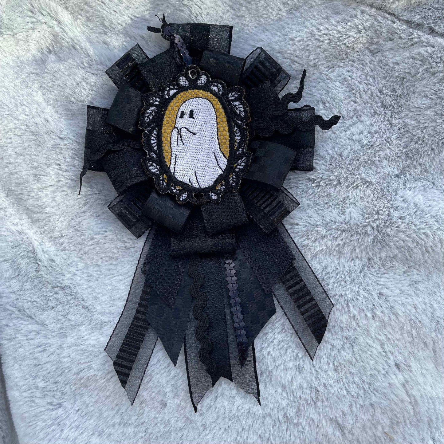 Black Handmade Ribbon Rosette — Swappable Badge Brooch