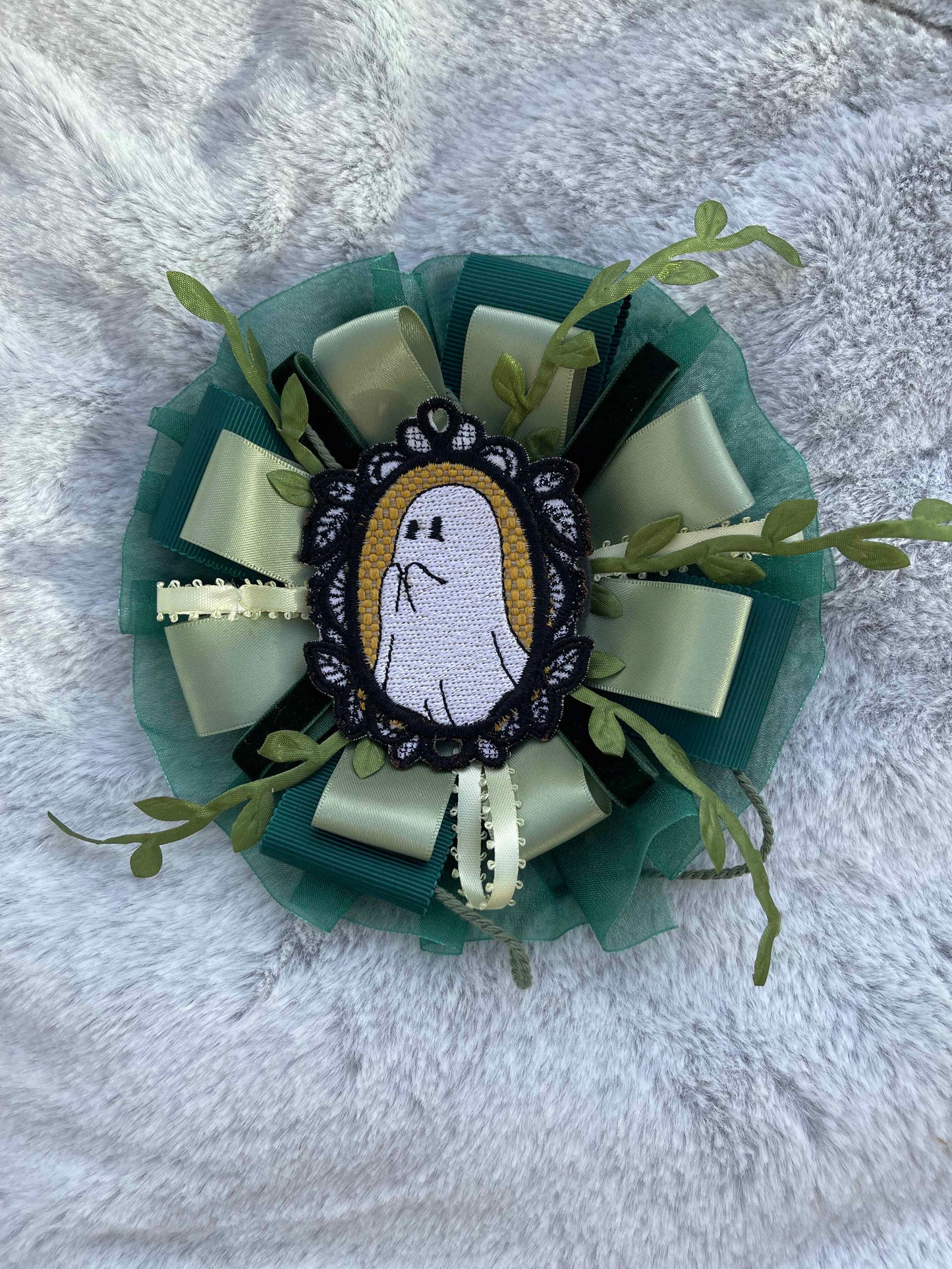 Green Botanical Handmade Ribbon Rosette — Swappable Badge Brooch | Gathered Olea
