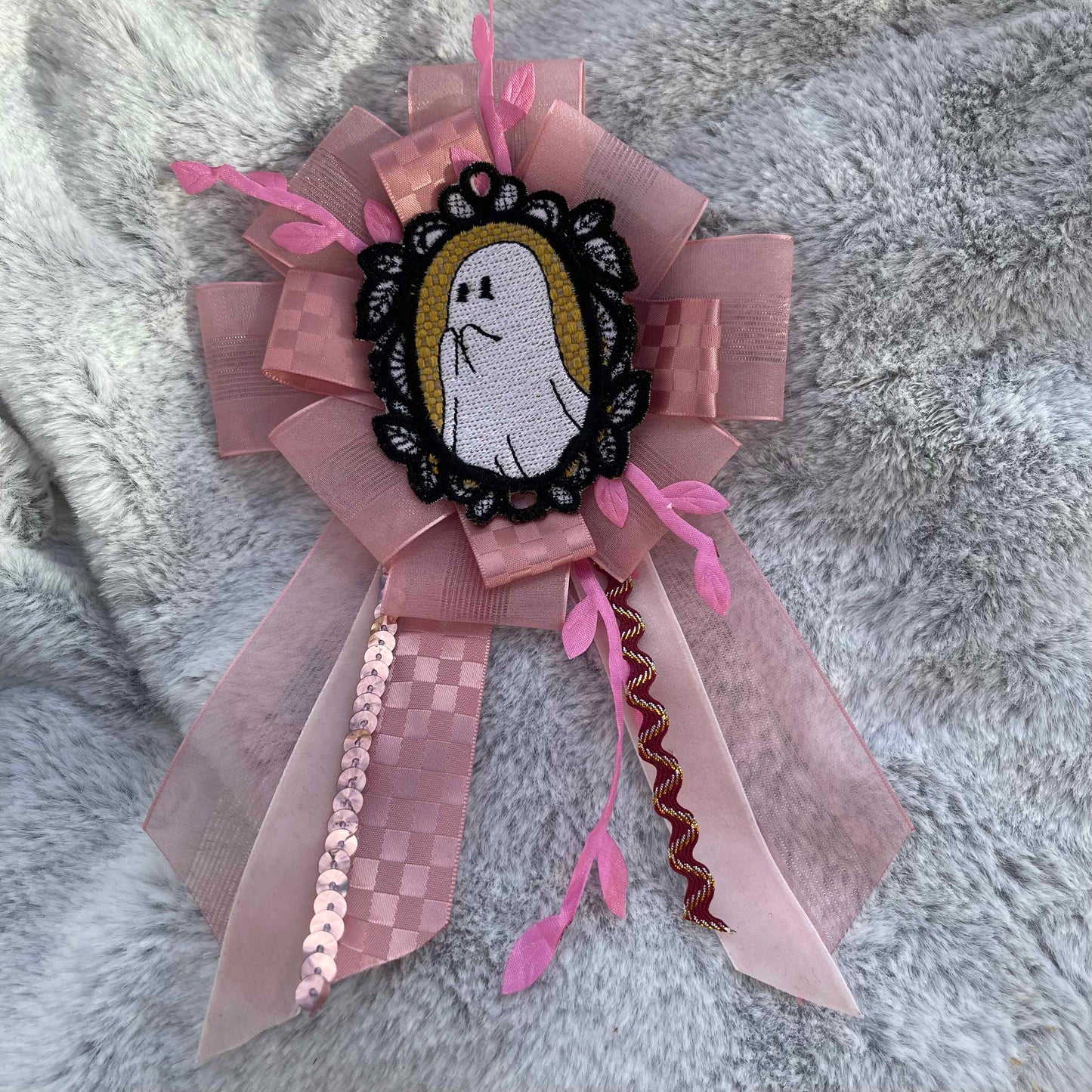 Pink Handmade Ribbon Rosette — Swappable Badge Brooch