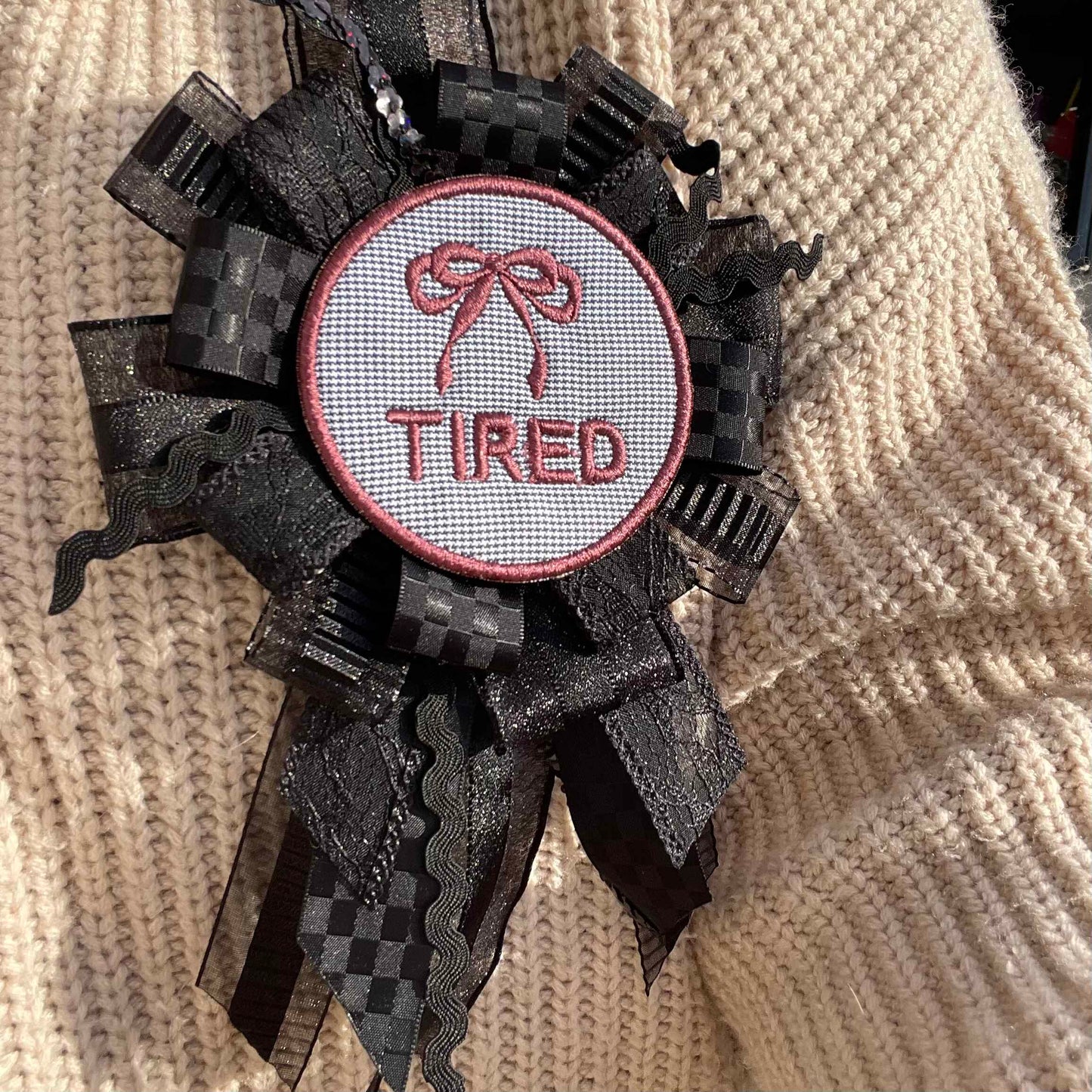 Black Handmade Ribbon Rosette — Swappable Badge Brooch