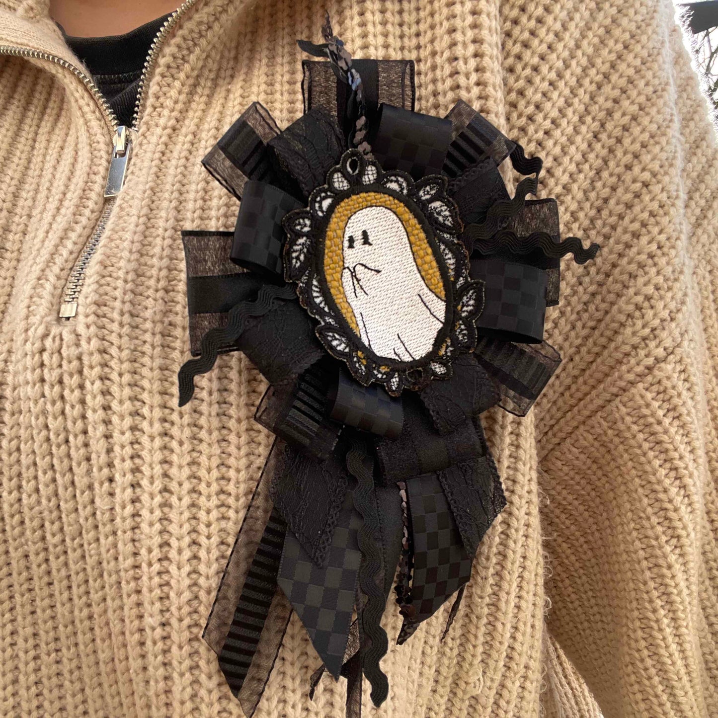 Black Handmade Ribbon Rosette — Swappable Badge Brooch