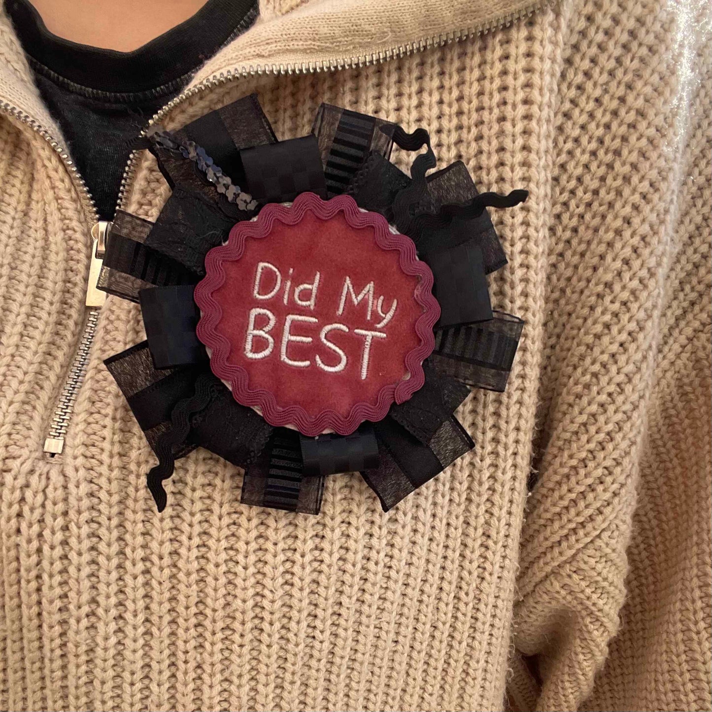 Black Handmade Ribbon Rosette — Swappable Badge Brooch