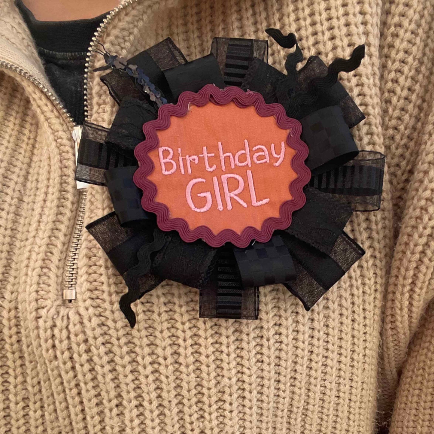 Black Handmade Ribbon Rosette — Swappable Badge Brooch