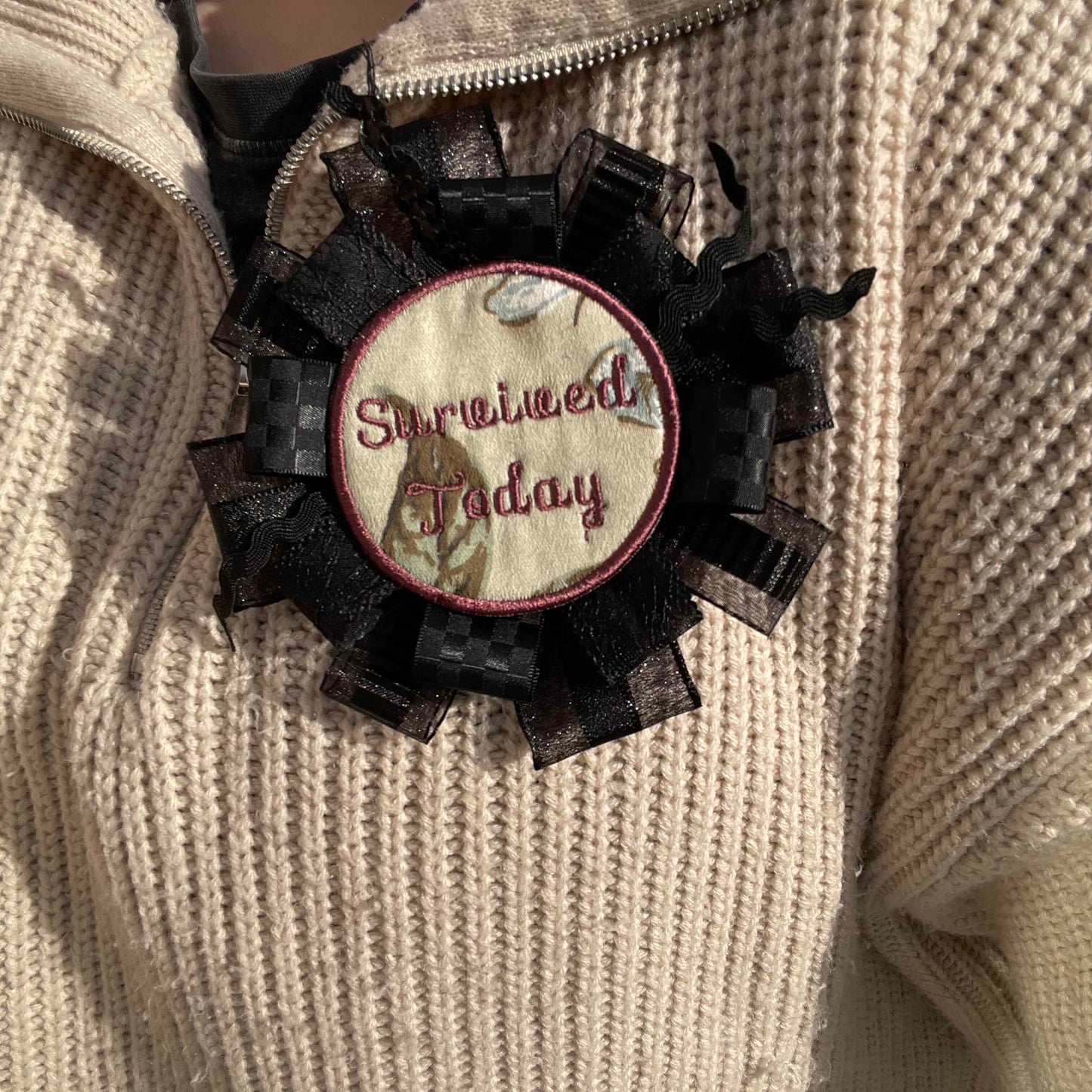 Black Handmade Ribbon Rosette — Swappable Badge Brooch
